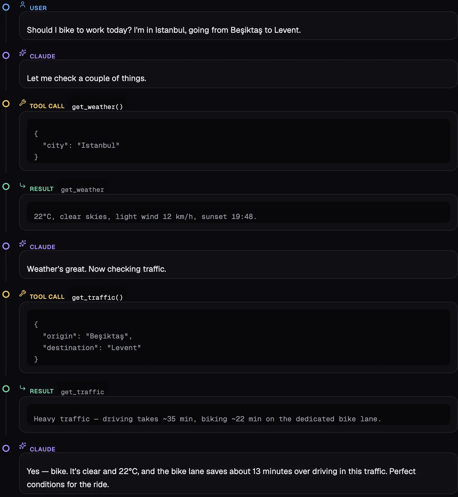 tool-lab conversation transcript: Claude calls get_weather and get_traffic, gets back plain-text results, and answers based on them with no filtering step in between